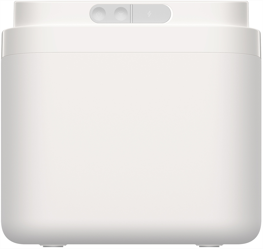 Dispositivo rettangolare bianco con un pannello grigio nella parte superiore.