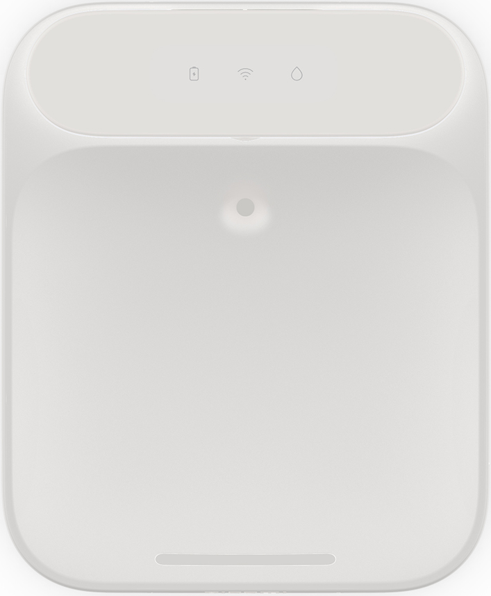 Un dispositivo bianco con tre pulsanti superiori, una singola luce e una fessura inferiore. È un design minimalista.