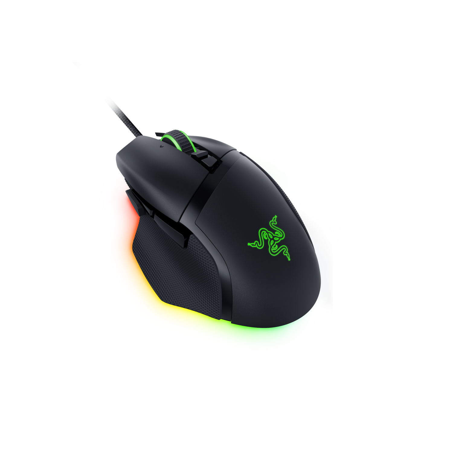 Black Razer gaming mouse with green logo, colorful light accents, and a cord.