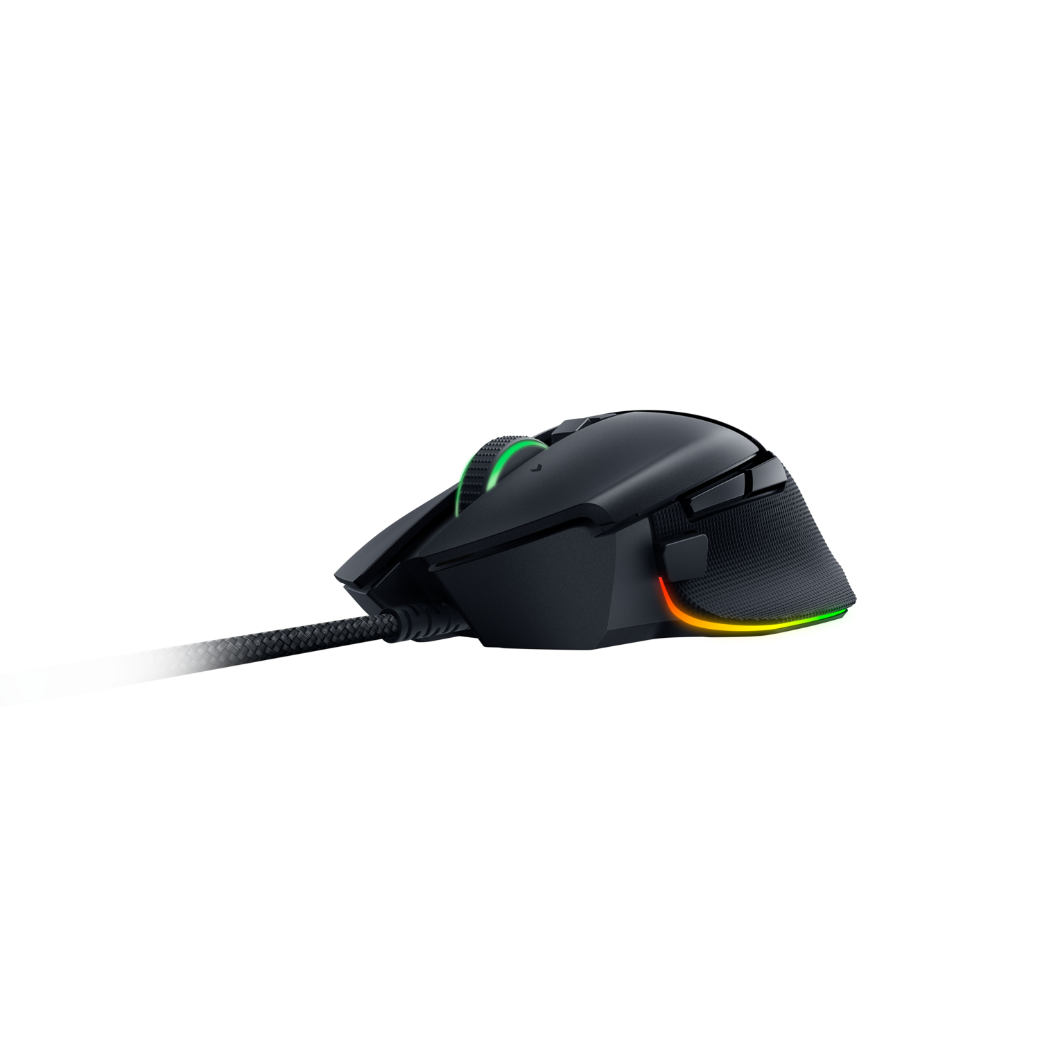 Black gaming mouse with colored lights and a braided cable.