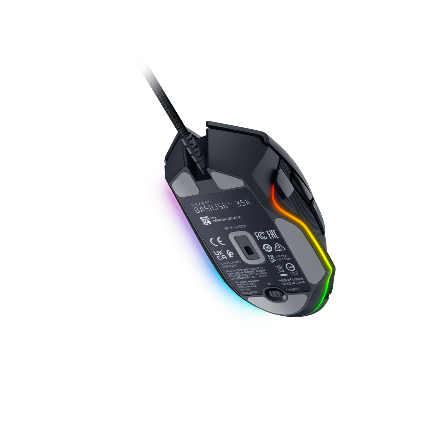 Black gaming mouse with RGB lighting. It's on a black background.