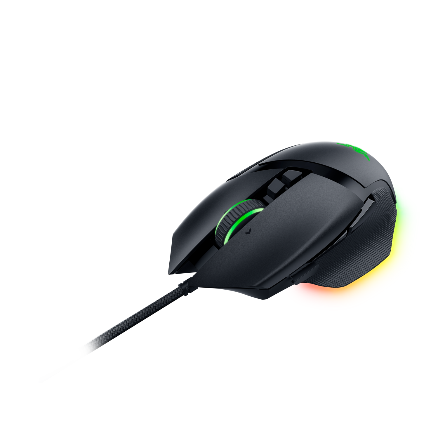 Black Razer gaming mouse with green and red lighting. The mouse has a scroll wheel and side buttons.