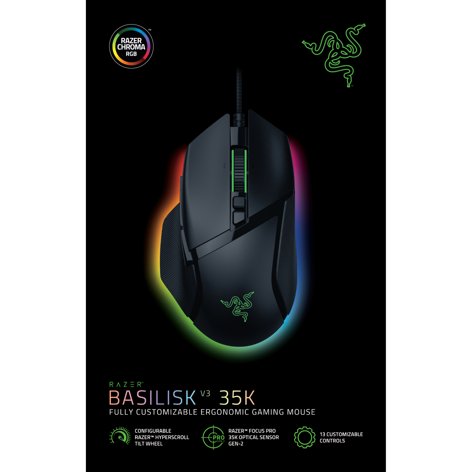 Black gaming mouse with RGB lighting and Razer branding, black background.