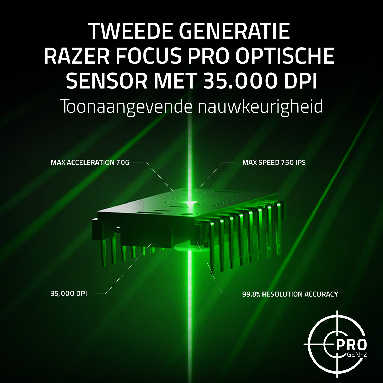 Close-up of a computer component. Green lights emanate from the center with text around it.