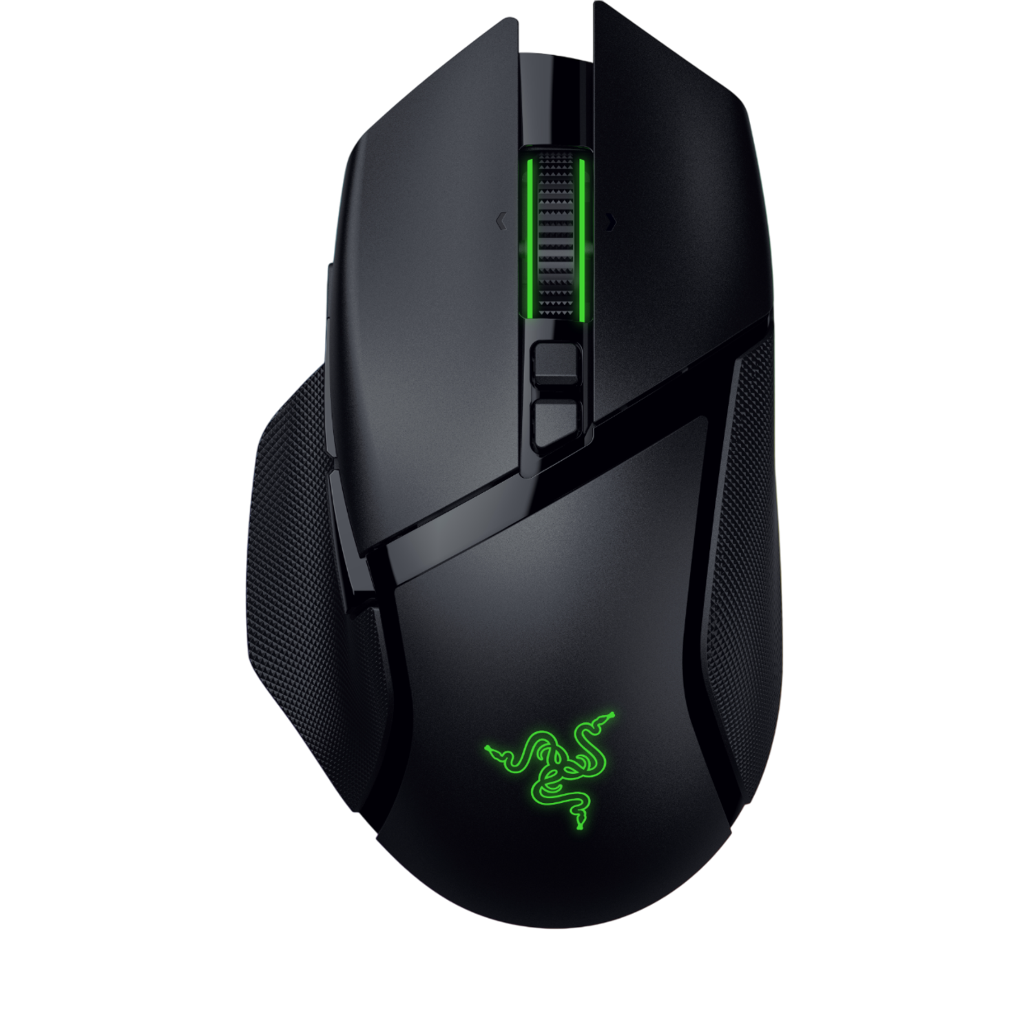 Zwarte Razer gaming muis met groene accenten, verlicht logo en scrollwiel. Zwarte achtergrond.