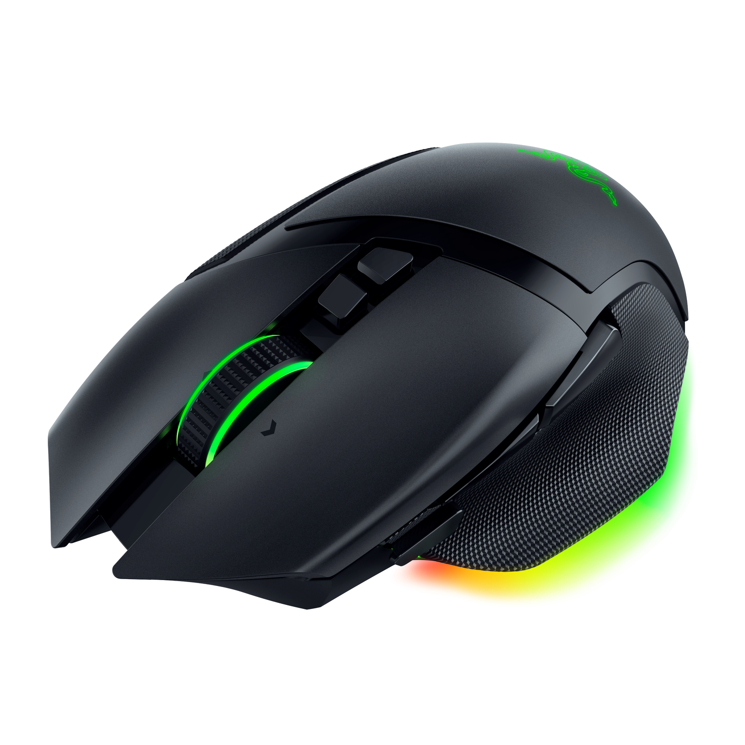 Zwarte gamingmuis met een groen verlicht scrollwiel en RGB-verlichting op de onderrand.