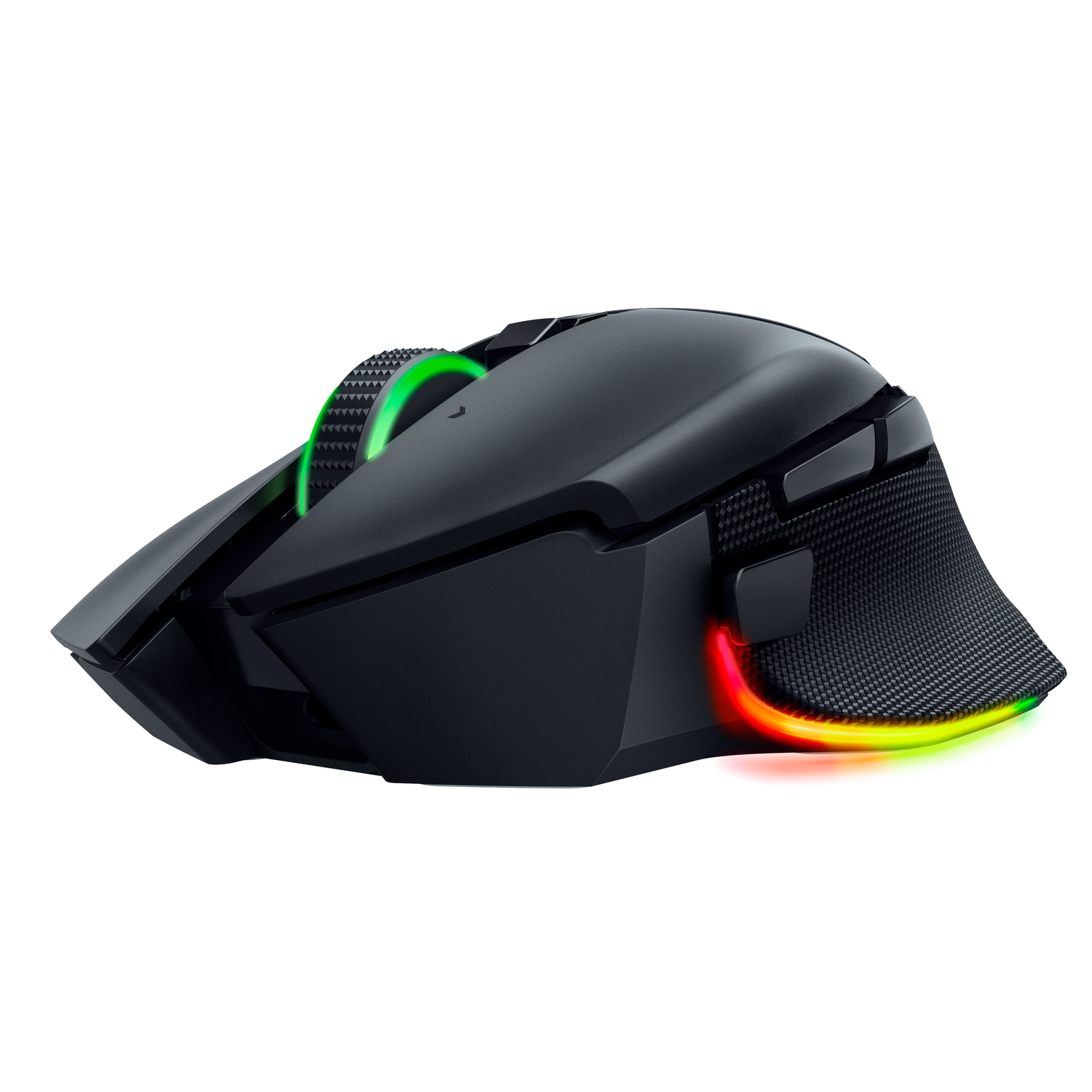 Een zwarte gamingmuis met een groen verlicht scrollwiel en RGB-verlichting op de onderrand.