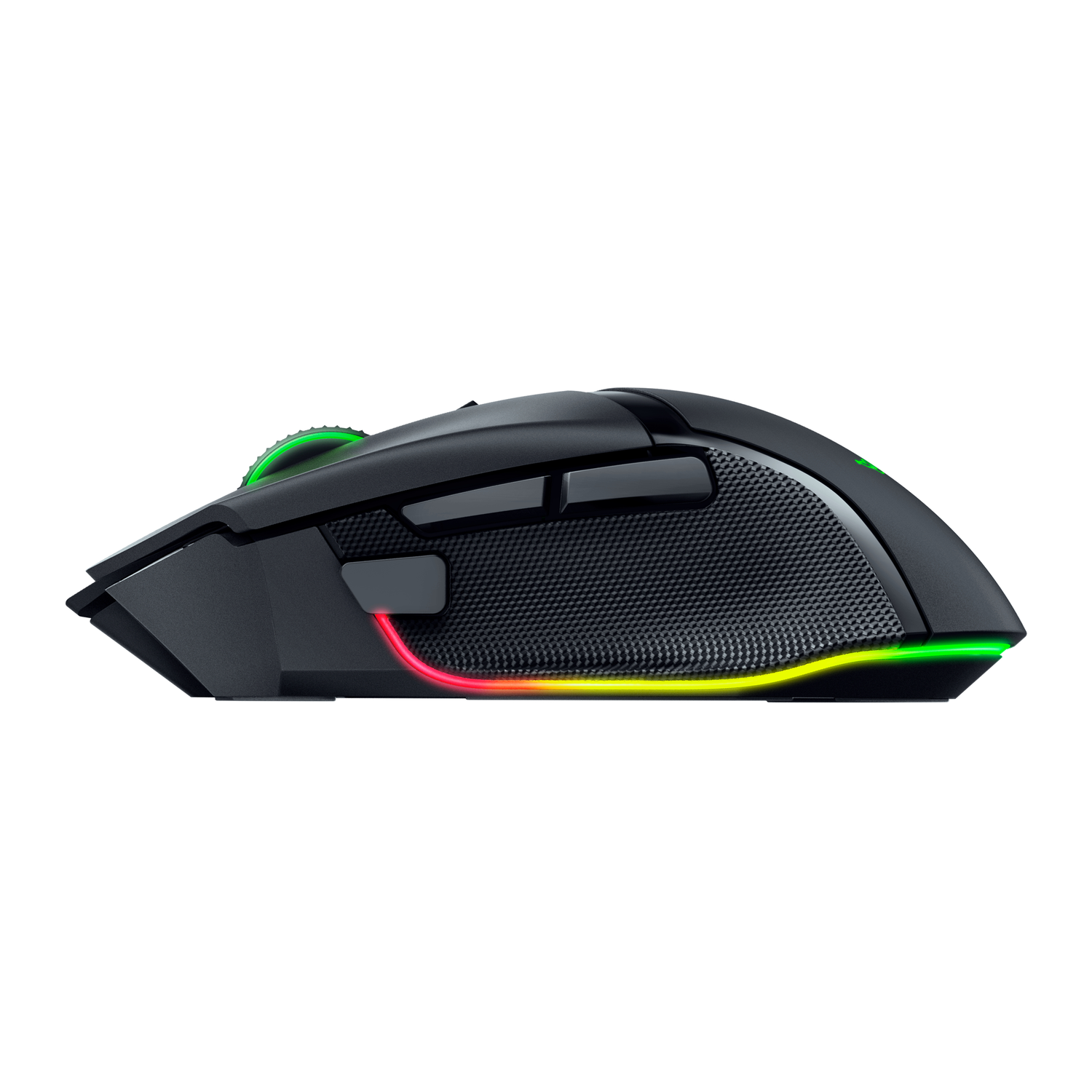 Zwarte gamingmuis met een groen oplichtend scrollwiel en RGB-verlichting op de rand.