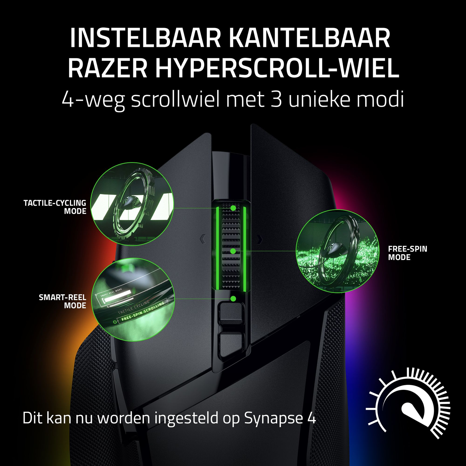 Zwarte gamingmuis met groene accenten en tekst die de functies beschrijft.