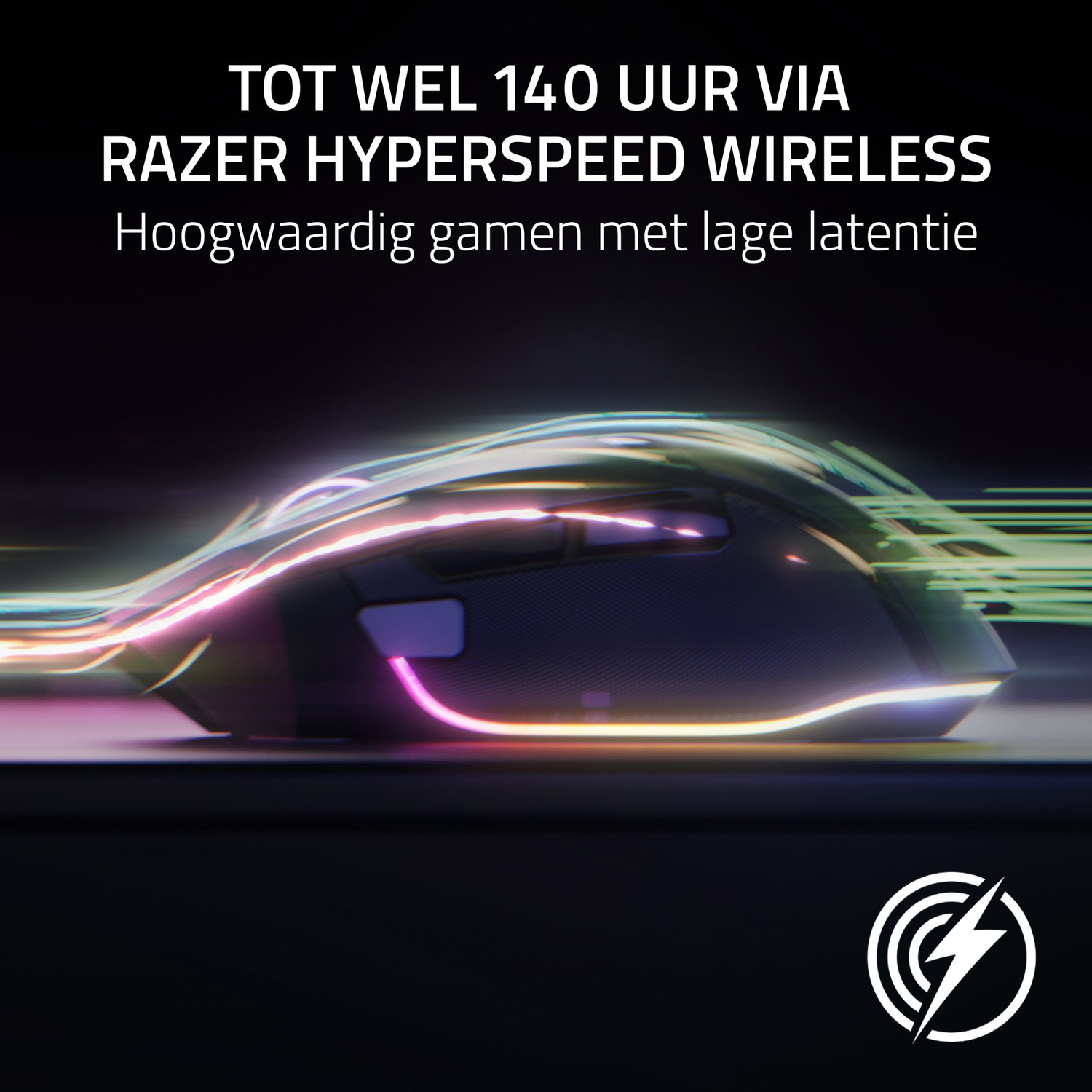 Gamingmuis met een gloeiend lichtspoor. Tekst: 'TOT WEL 140 UUR VIA RAZER HYPERSPEED WIRELESS'.
