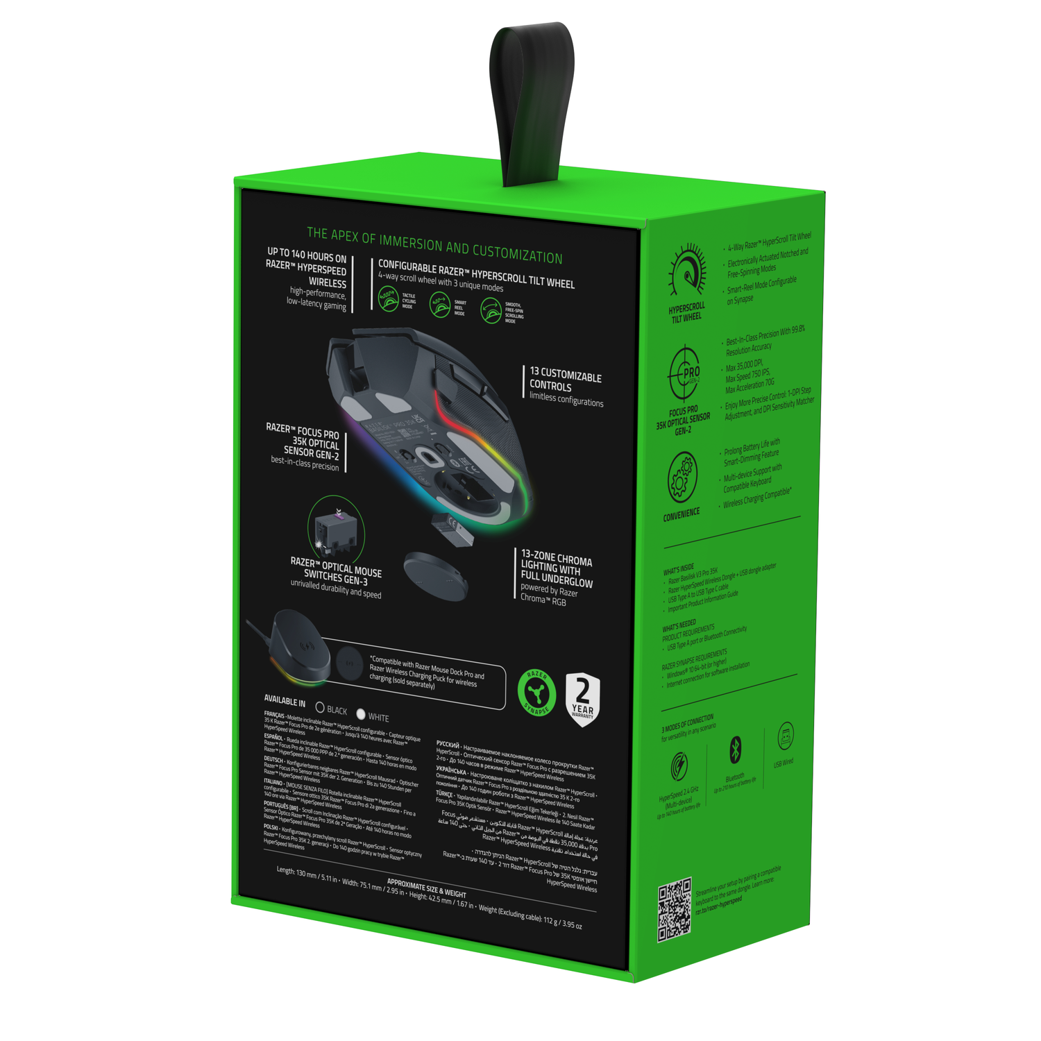 Razer gamingmuisdoos, groen, met productdetails en functies.