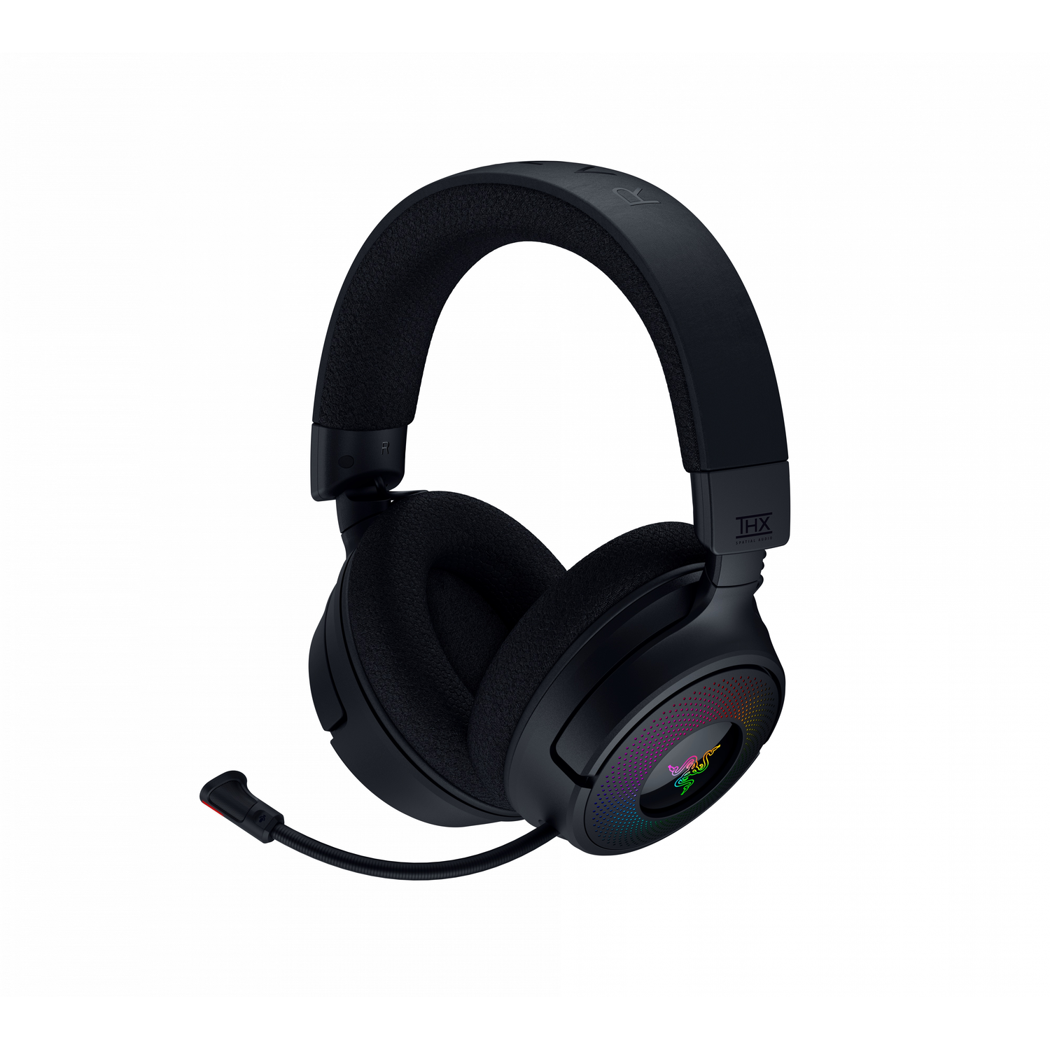 Zwarte over-ear koptelefoon met een microfoon. De oorschelpen hebben kleurrijke verlichting en het merk THX.