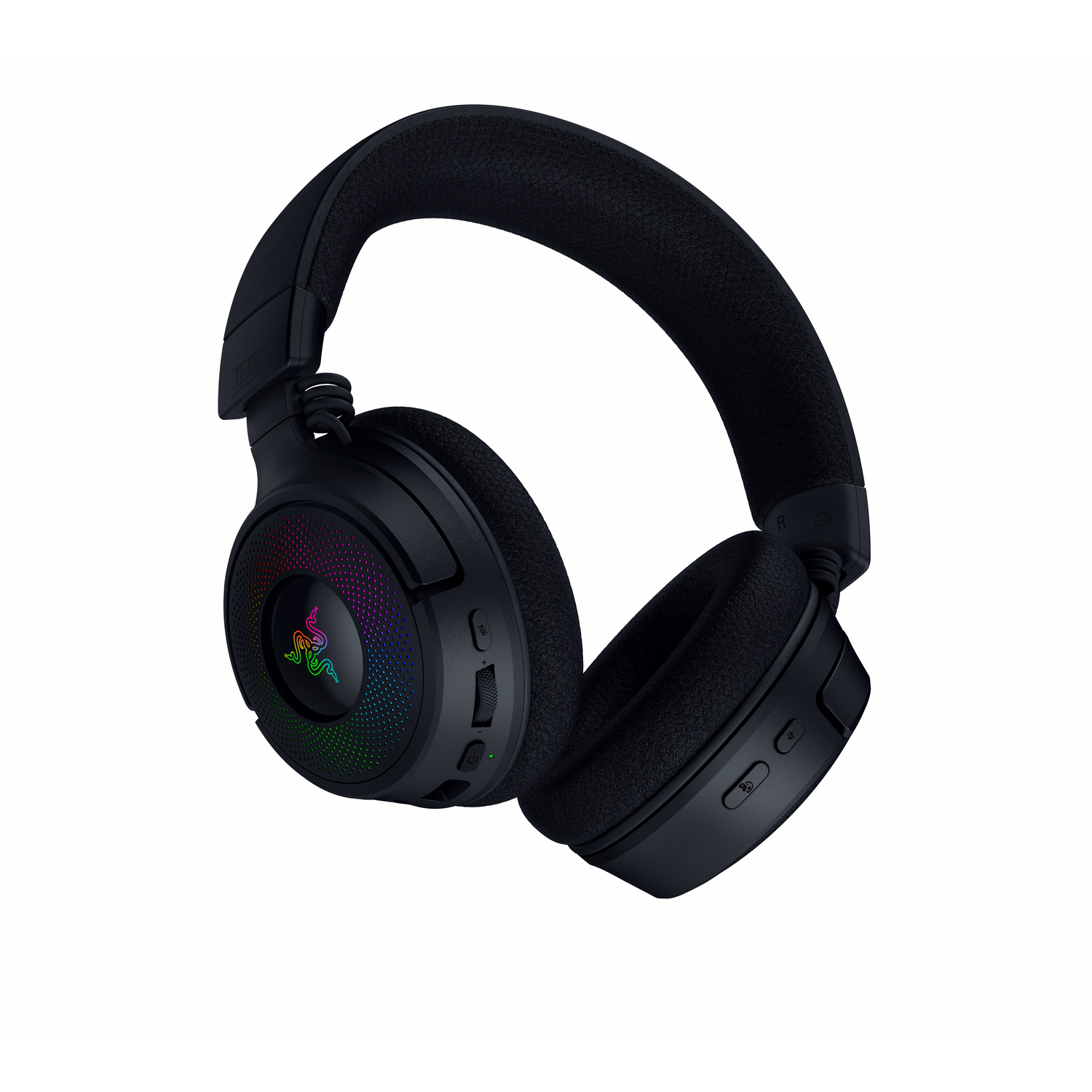 Zwarte Razer gaming-koptelefoon, schuine opname op een witte achtergrond.