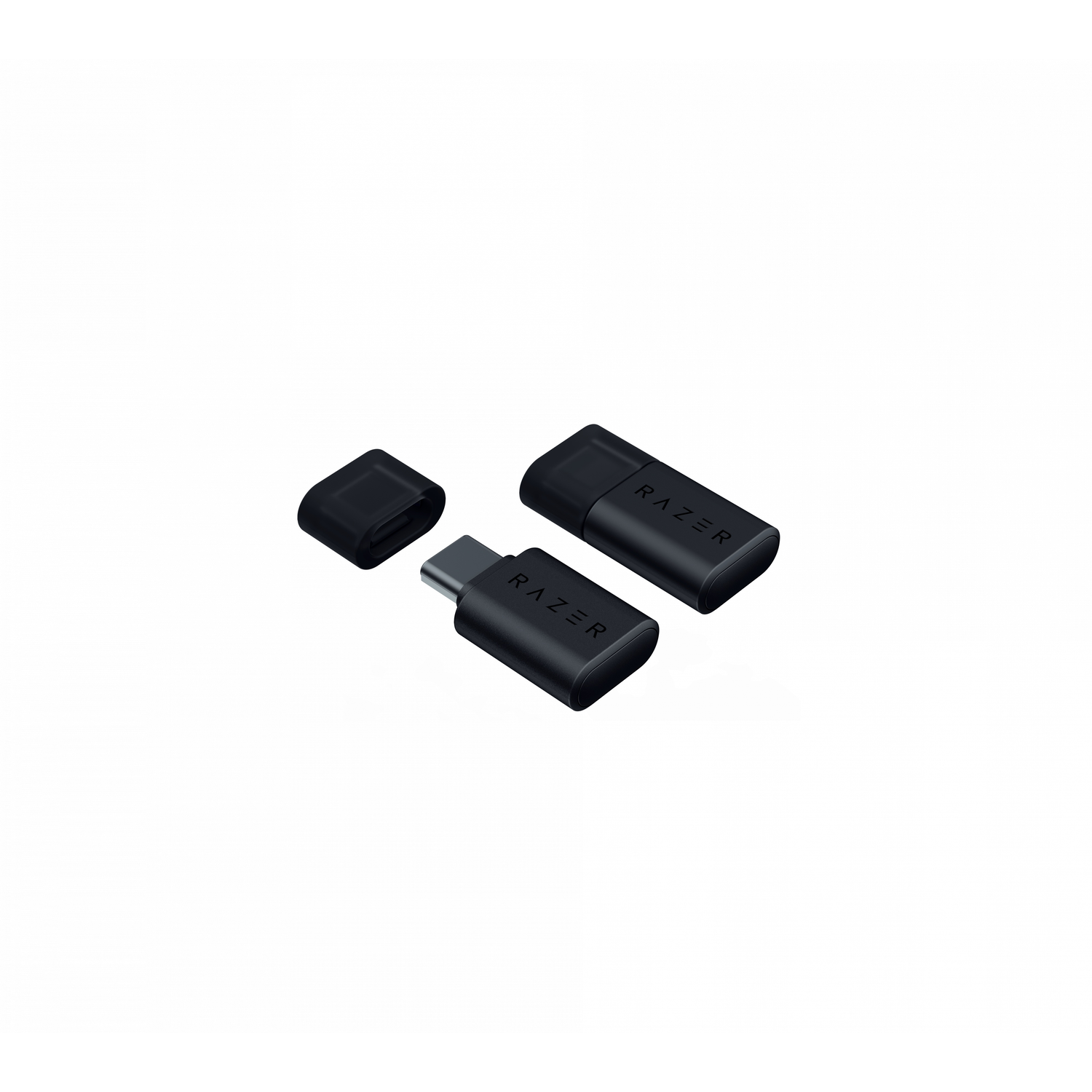 Zwarte Razer USB-C dongle en aparte dop, met Razer logo.