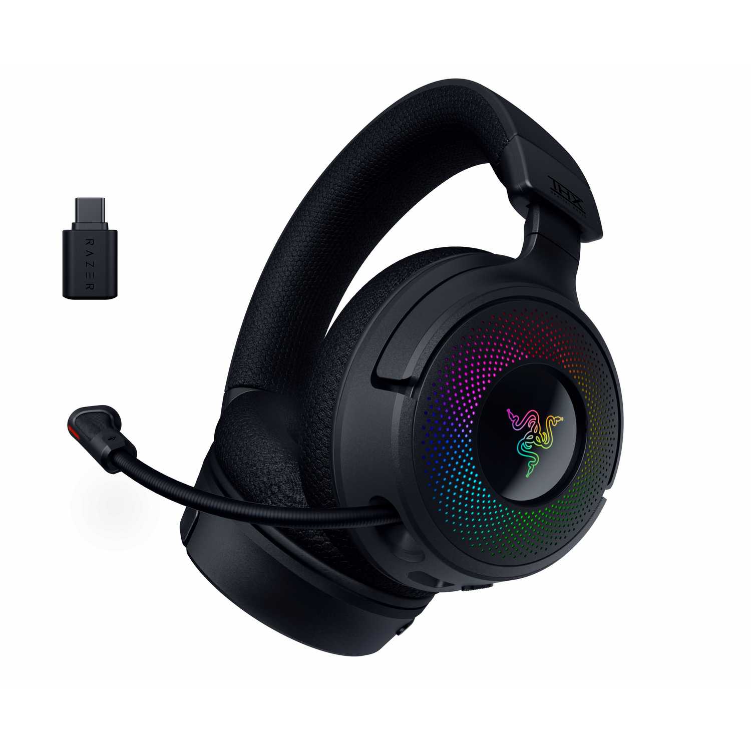 Zwarte over-ear koptelefoon met een microfoon en een draadloze dongle. Het merklogo is zichtbaar.