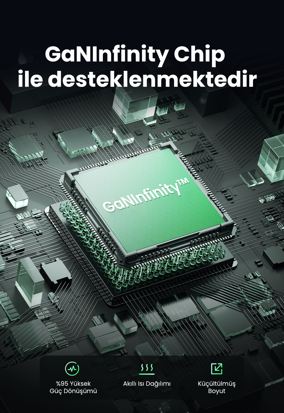 Devre kartının yakın çekimi. Metin: GaNInfinity Chip ile desteklenmektedir. Çeviri: GaNInfinity Chip ile desteklenir.