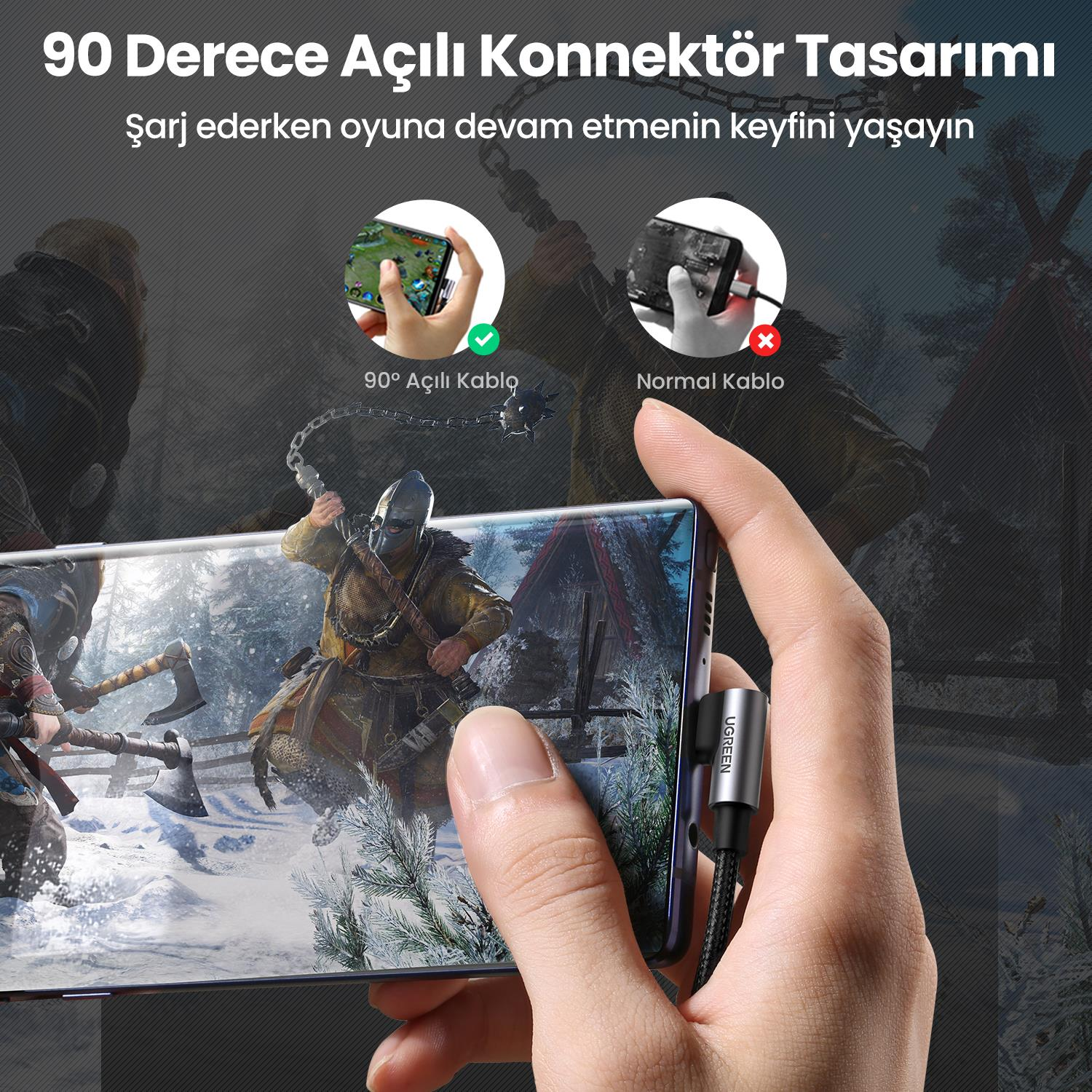 Bir el, 90 derecelik bir kablo takılı bir telefon tutuyor ve bir oyun gösteriyor.