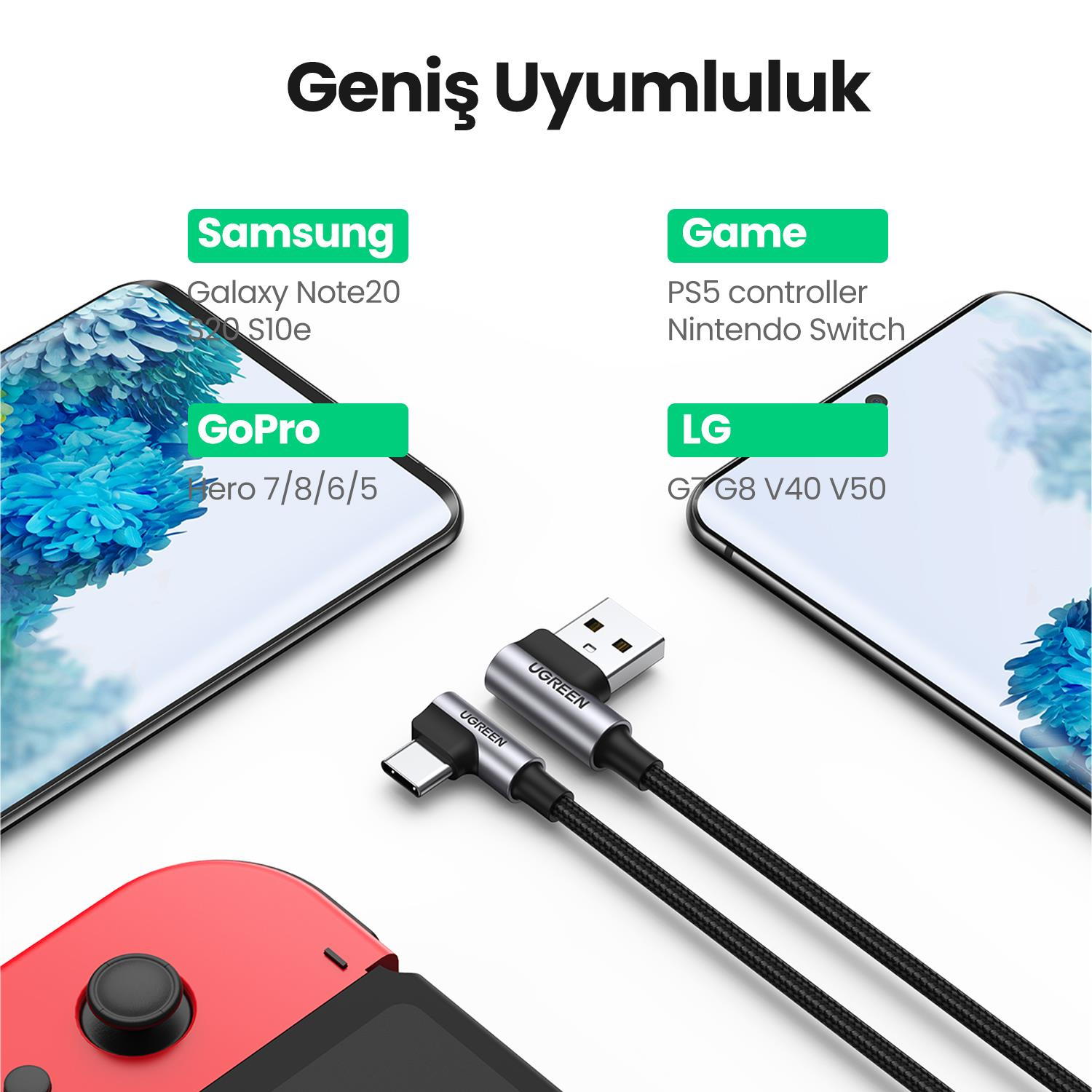 Şarj kablolarıyla bağlı bir telefon ve bir oyun kumandası.