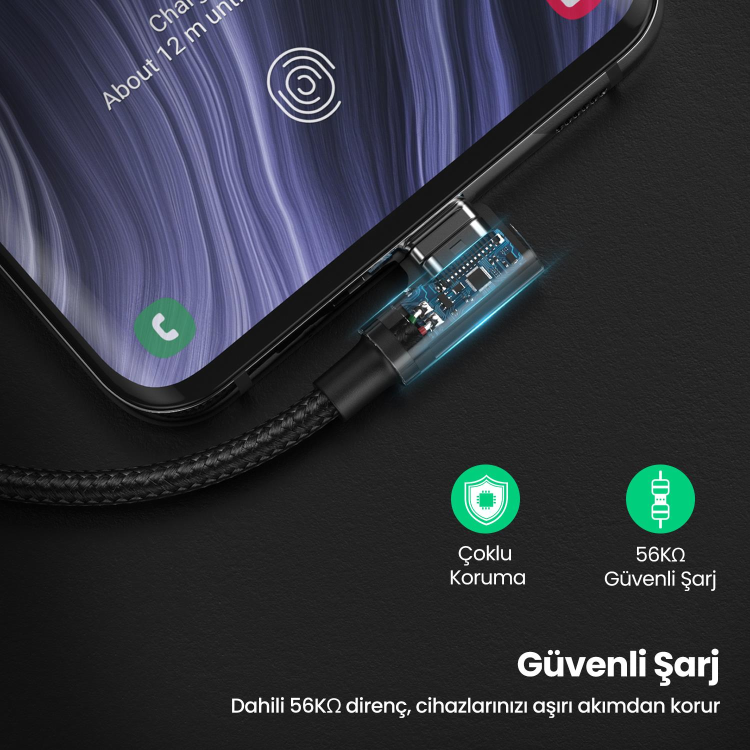 Telefona bağlı siyah şarj kablosu. Metin: Çoklu koruma, 56kΩ güvenli şarj.