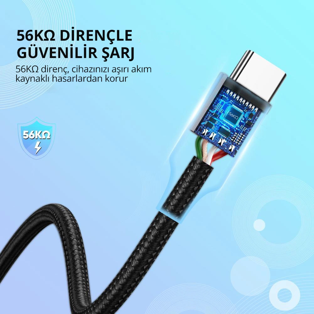 Dahili kablolamayı ve 56kΩ direnci gösteren şeffaf kesitli USB-C kablosu.