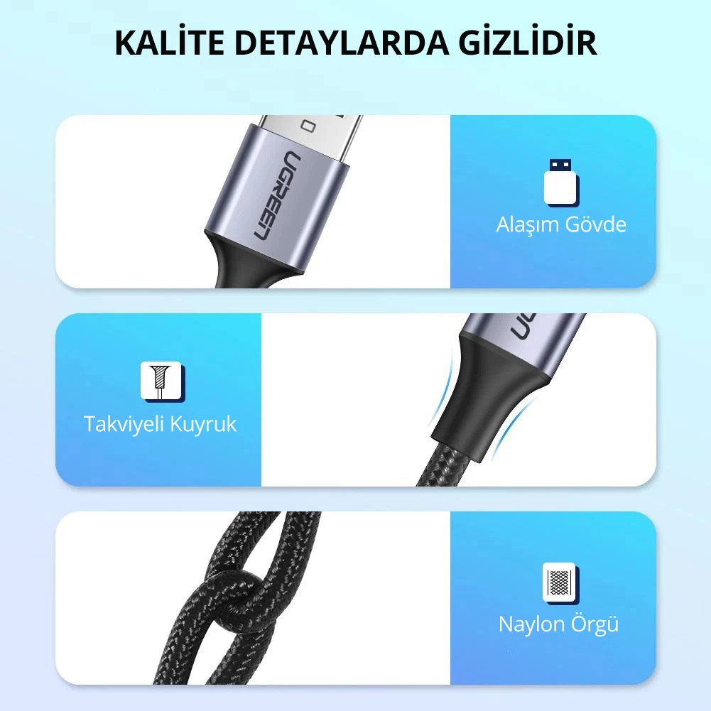 Ürün detayları. UGREEN kablo, güçlendirilmiş kuyruk, alaşım gövde ve naylon örgülü. Metin: Detaylarda kalite.