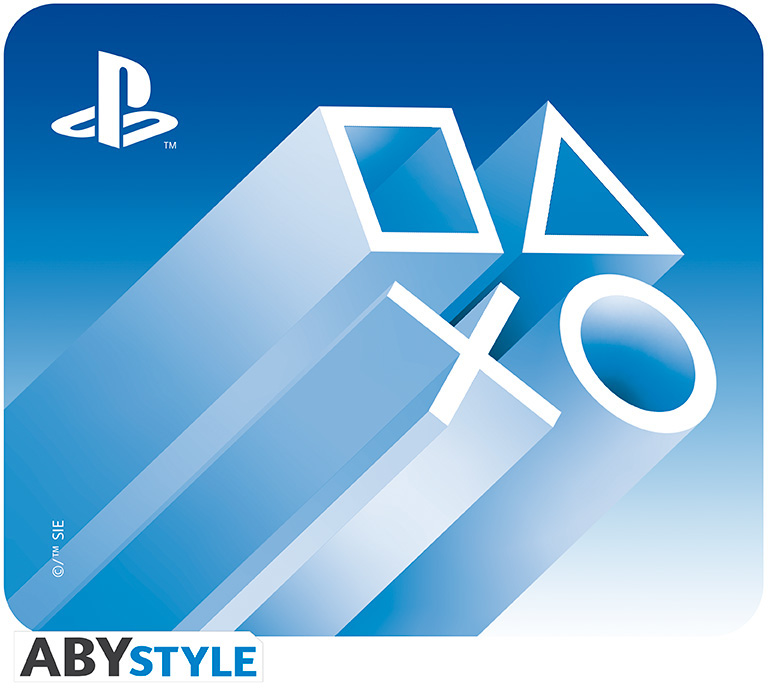 PlayStation logó fehér formákkal: négyzet, háromszög, X és kör. A háttér kék, ABYstyle logóval.