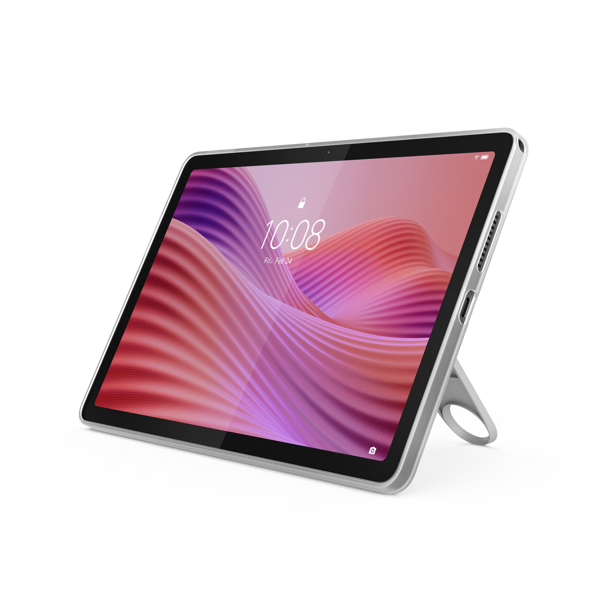 Una tableta con una pantalla con diseño rosa y morado, sobre un soporte.