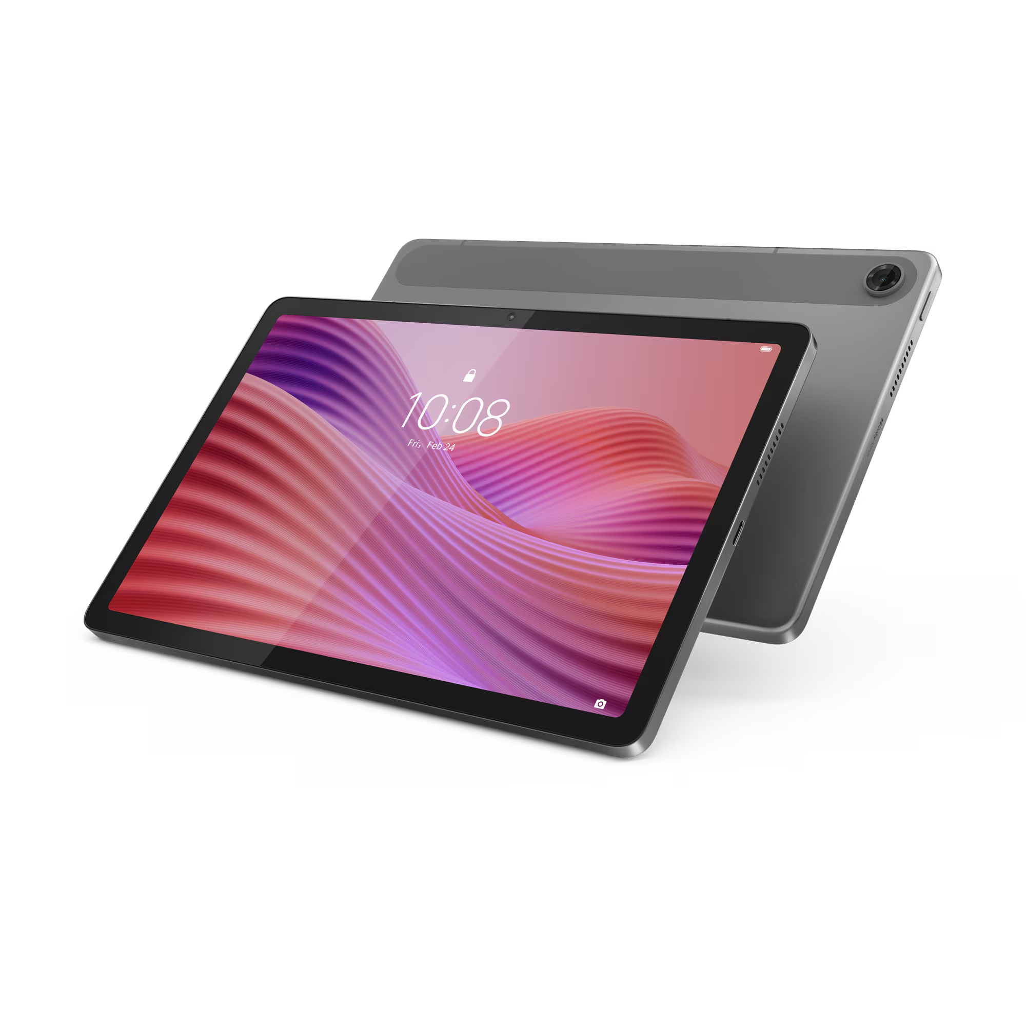 Una tableta con una pantalla degradada rosa y roja, sobre un fondo negro.