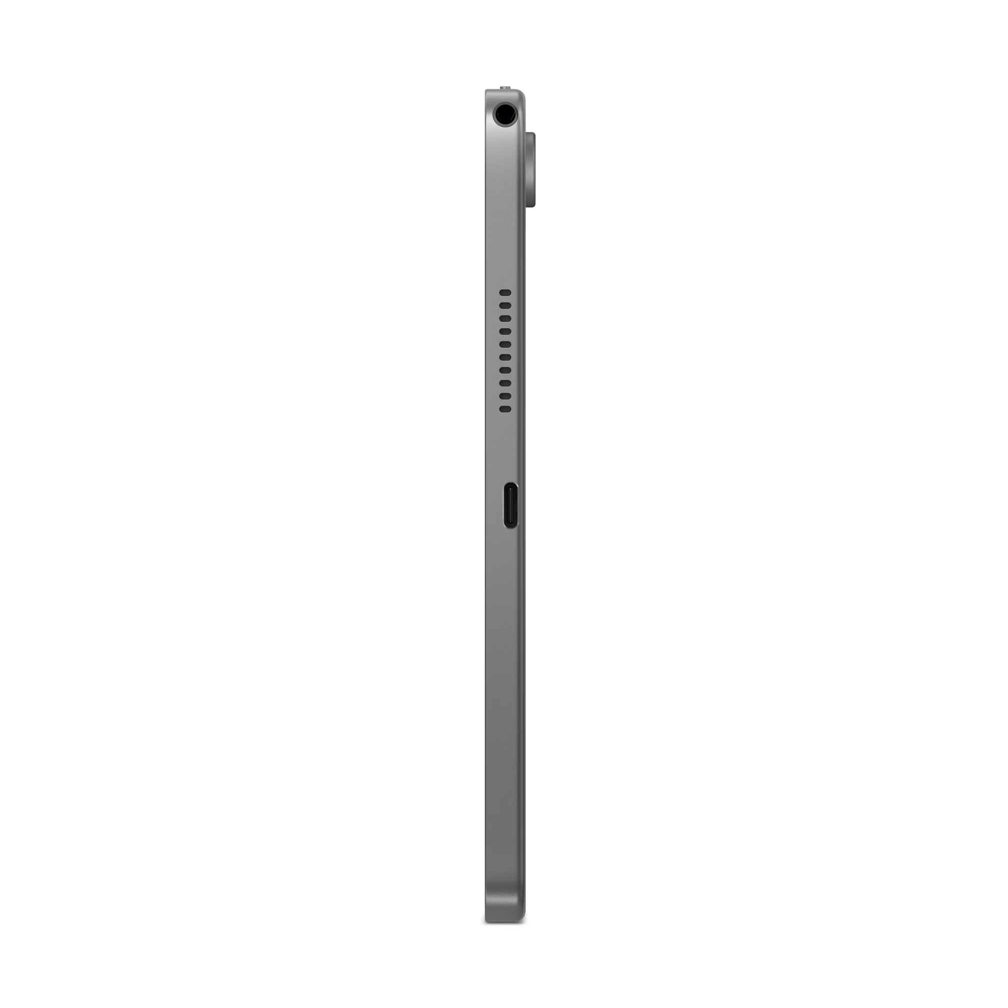 Vista lateral de una tableta gris. La tableta es delgada, con puerto USB-C y botones laterales.