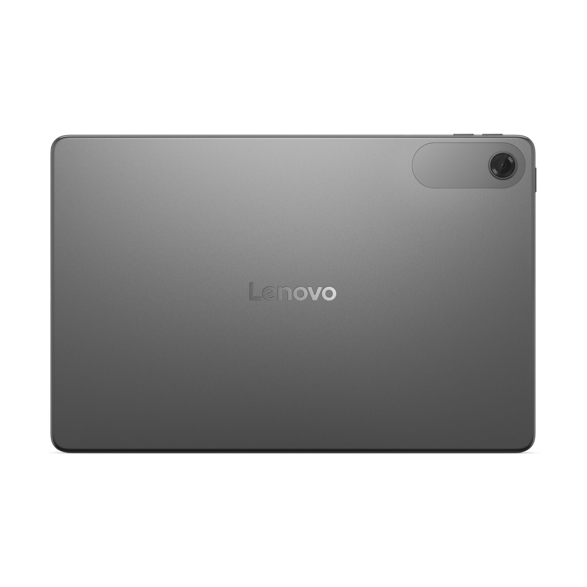 Tableta gris, logo Lenovo, cámara, fondo negro. Vista superior. Diseño elegante.