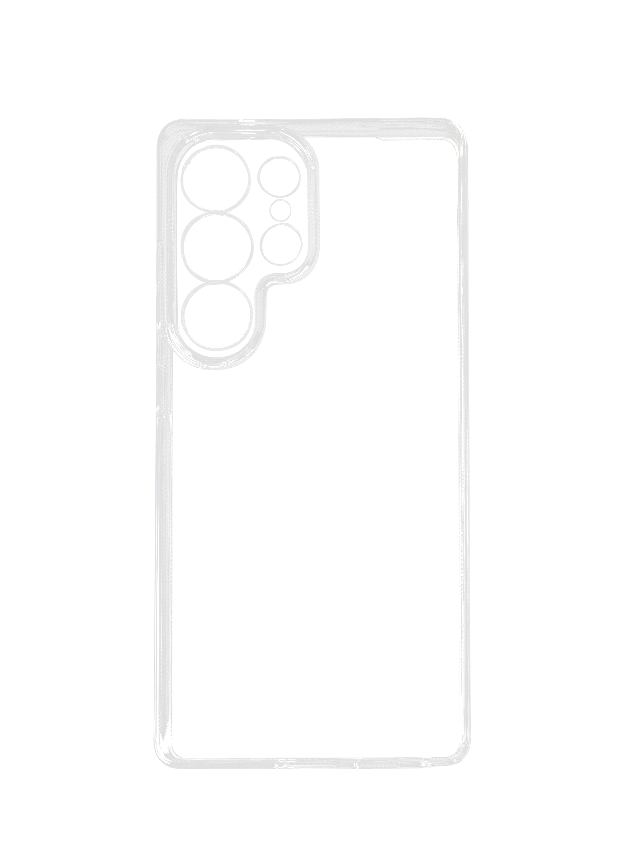 Transparente Handyhülle mit Kameraausschnitten, rechteckiger Form und weißem Hintergrund.