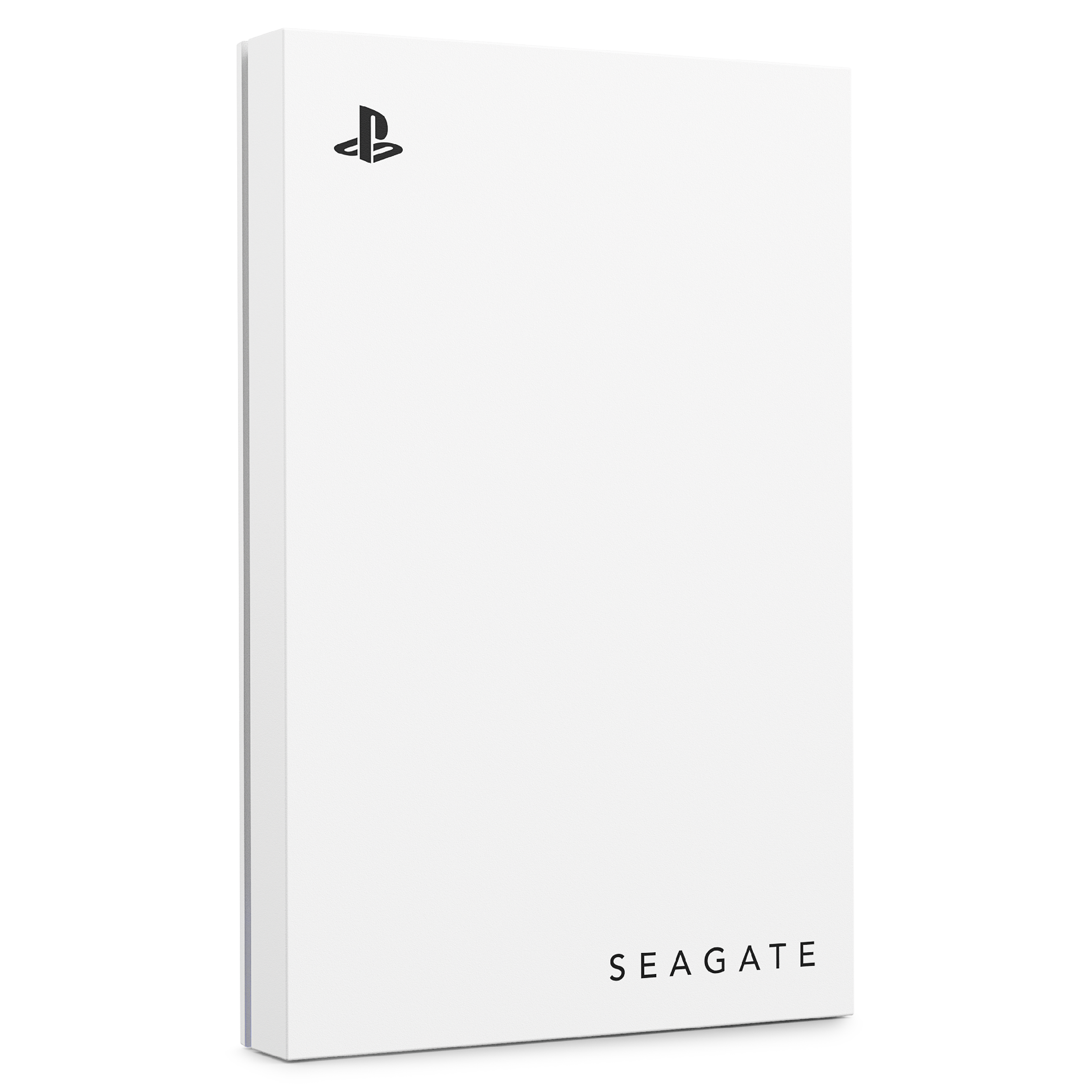 Eine weiße externe Seagate PlayStation-Festplatte mit dem PlayStation-Logo auf weißer Oberfläche.