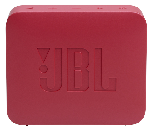 Czerwony głośnik JBL z logo JBL na przedniej powierzchni.