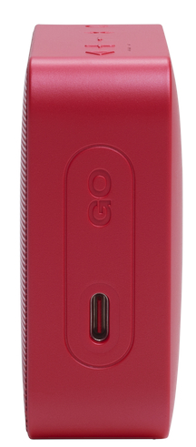 Czerwony głośnik przenośny z portem ładowania z boku.