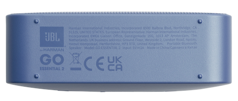 Niebieski głośnik JBL z informacjami o modelu z tyłu.