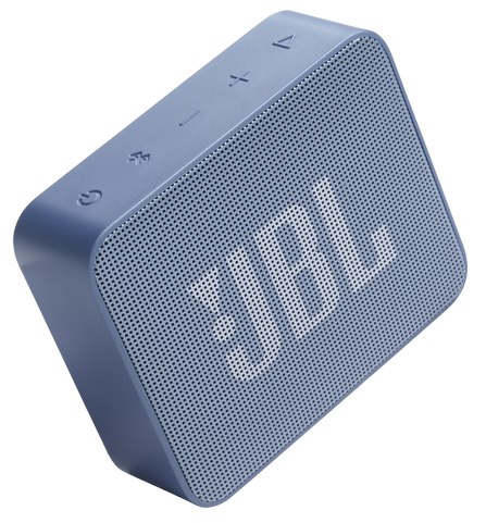 Niebieski głośnik JBL pod kątem, z przyciskami i logo marki. Białe tło.