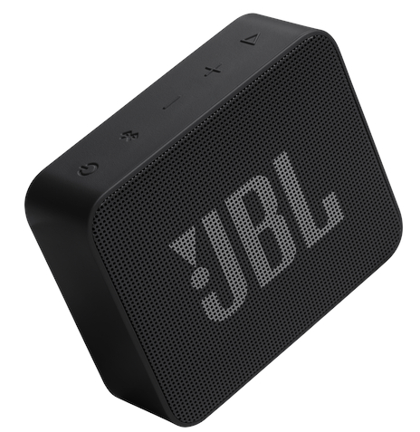 Czarny głośnik JBL, mały sześcian z przyciskami na górze i białym logo JBL.