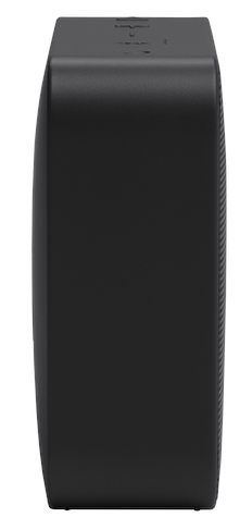 Czarny, prostokątny głośnik z zaokrąglonymi krawędziami i przyciskami na górze.