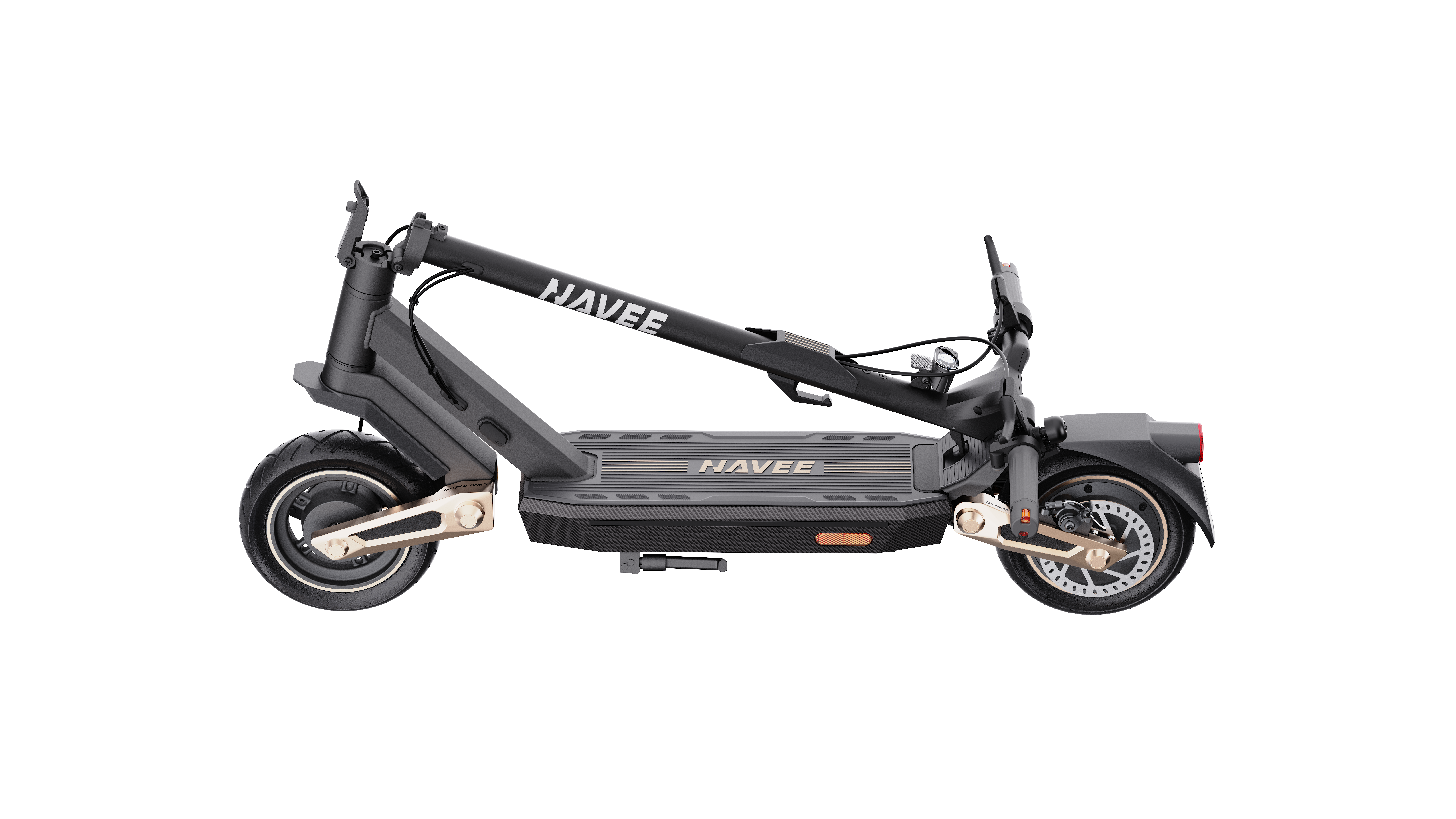Ein schwarzer Navee Elektroroller, von der Seite betrachtet, isoliert auf Weiß. Der Roller ist zusammengeklappt.