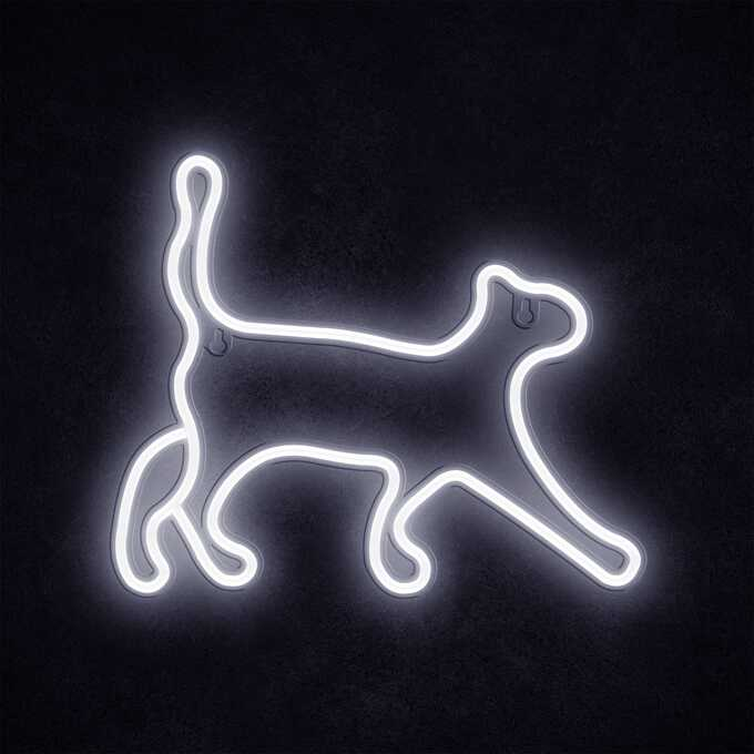Neonowy kontur kota na czarnym tle. Kot jest w pozycji biegu lub skoku.