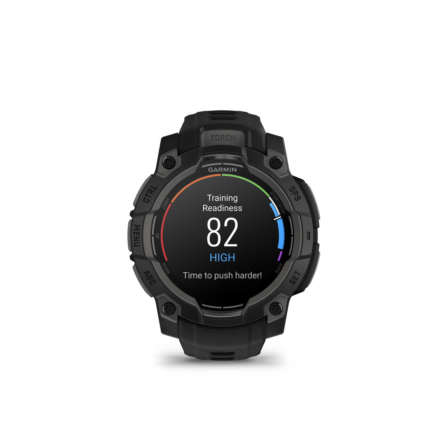 Smartwatch Garmin, negra, con pantalla que muestra 'Training Readiness: 82 HIGH'. Fondo negro.