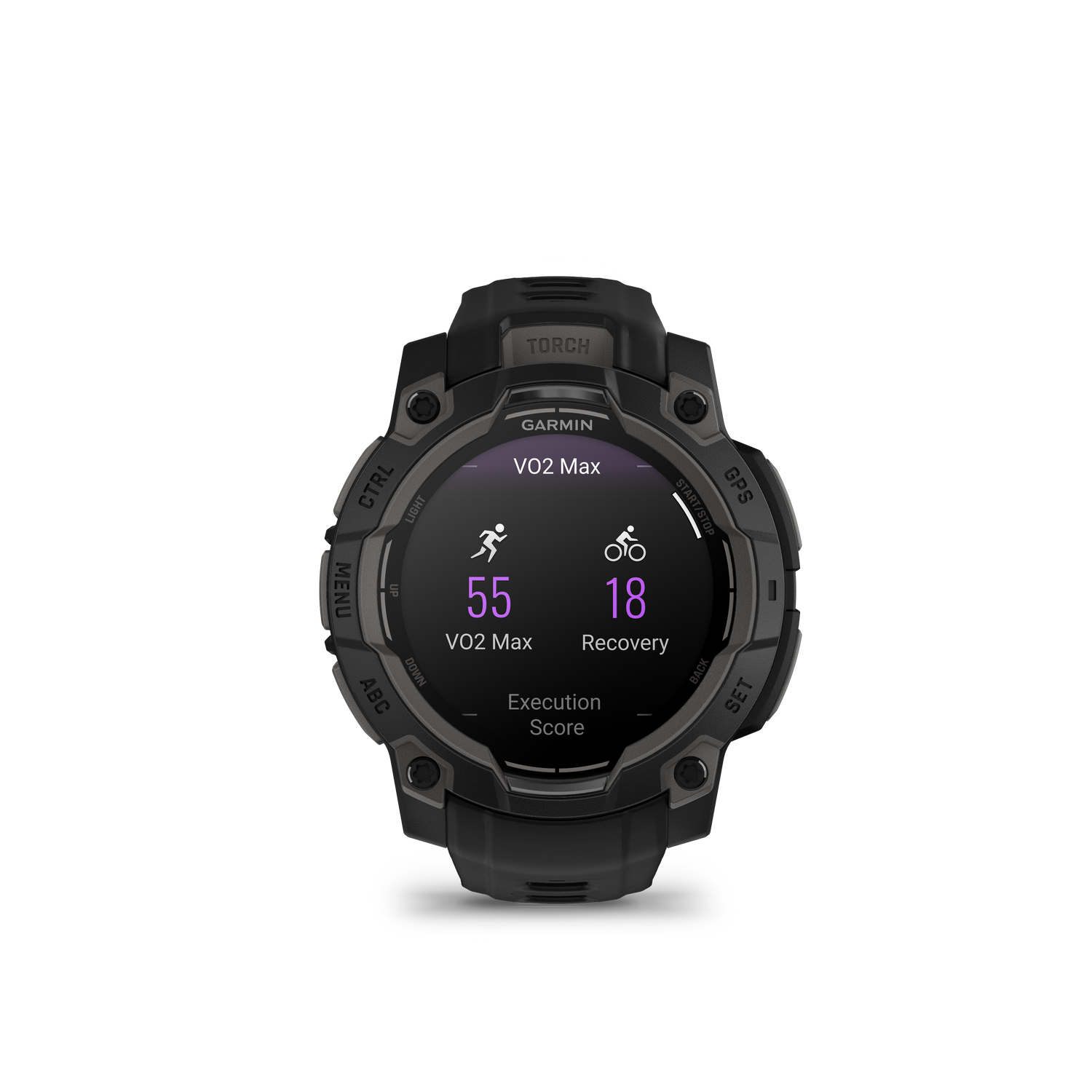 Un reloj inteligente negro con una pantalla que muestra las métricas de VO2 Max y Recuperación.