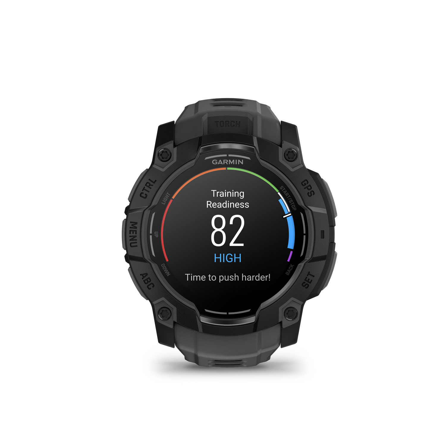 Reloj deportivo Garmin mostrando 'Preparación para el entrenamiento' con una puntuación de 82, sobre fondo negro.