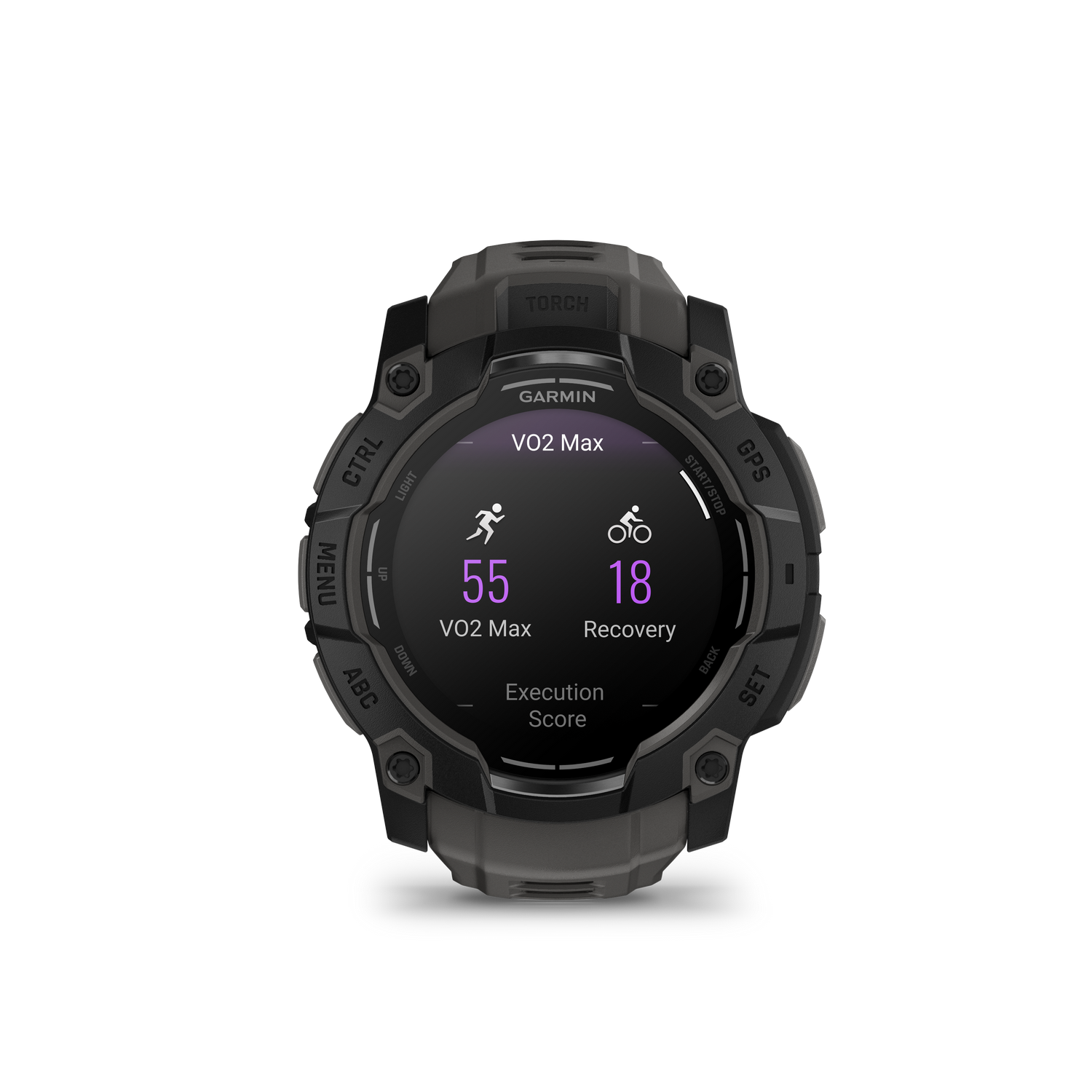 Reloj deportivo Garmin mostrando VO2 Max y estadísticas de recuperación, con puntuaciones de 55 y 18, sobre negro.