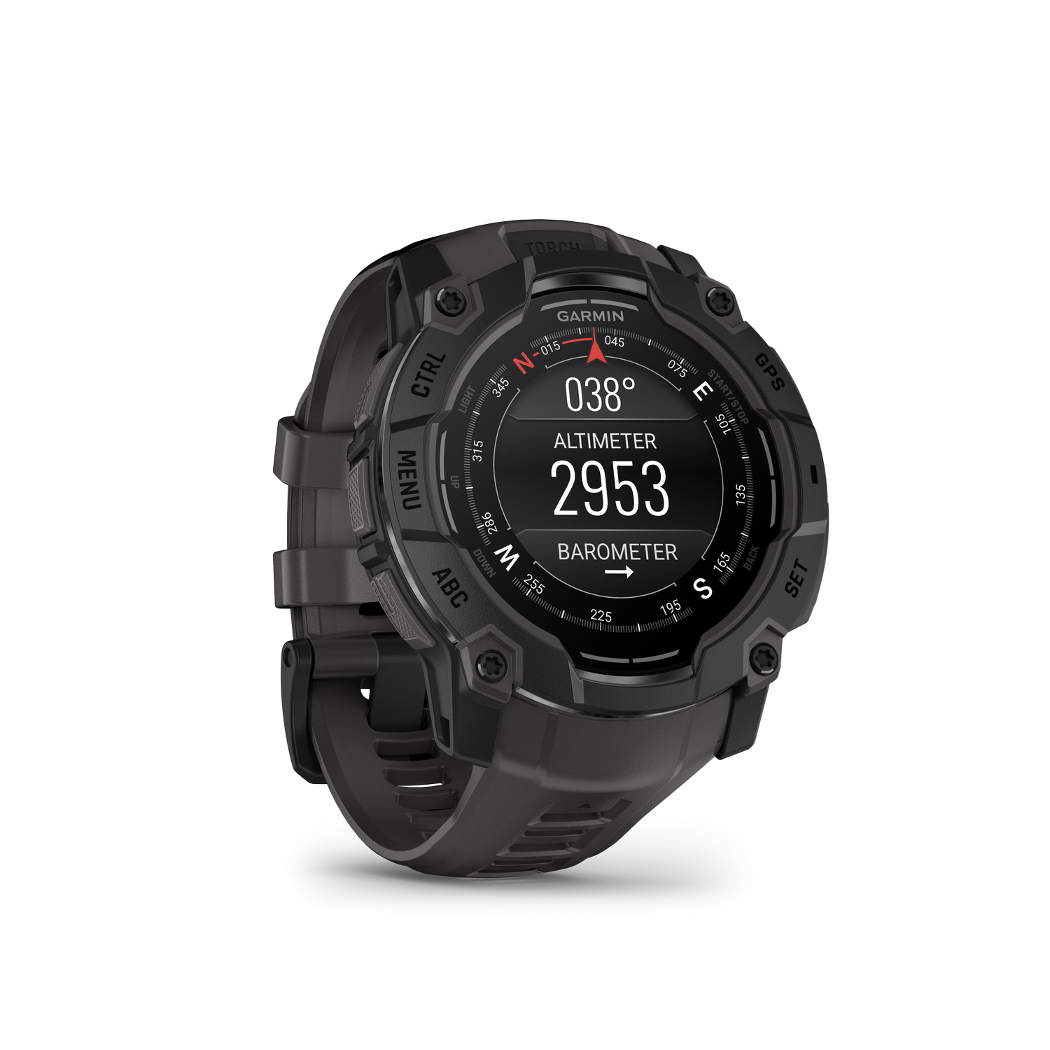 Reloj Garmin negro que muestra la altitud y una brújula sobre un fondo negro.