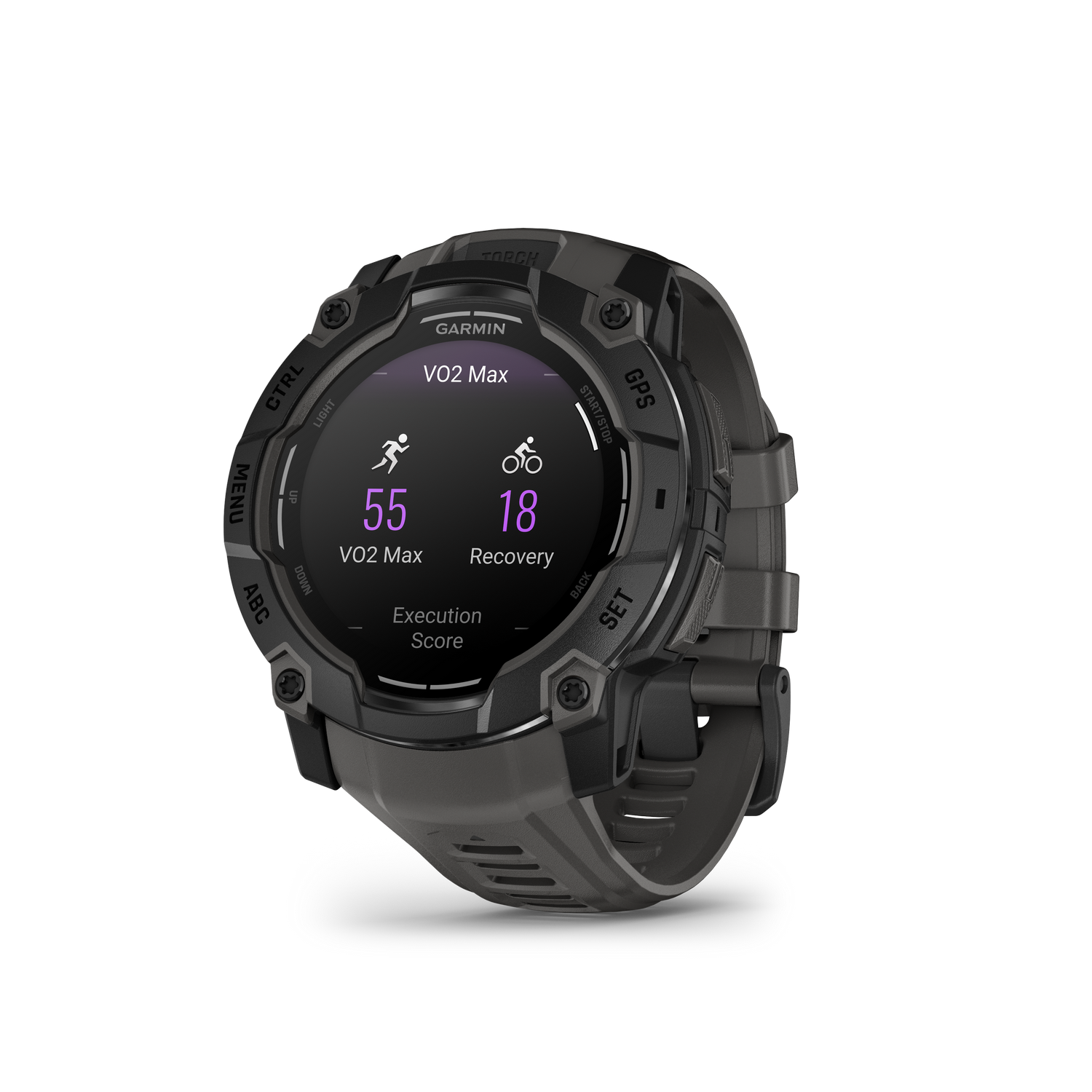Reloj Garmin mostrando datos de VO2 Max y recuperación, sobre fondo negro.