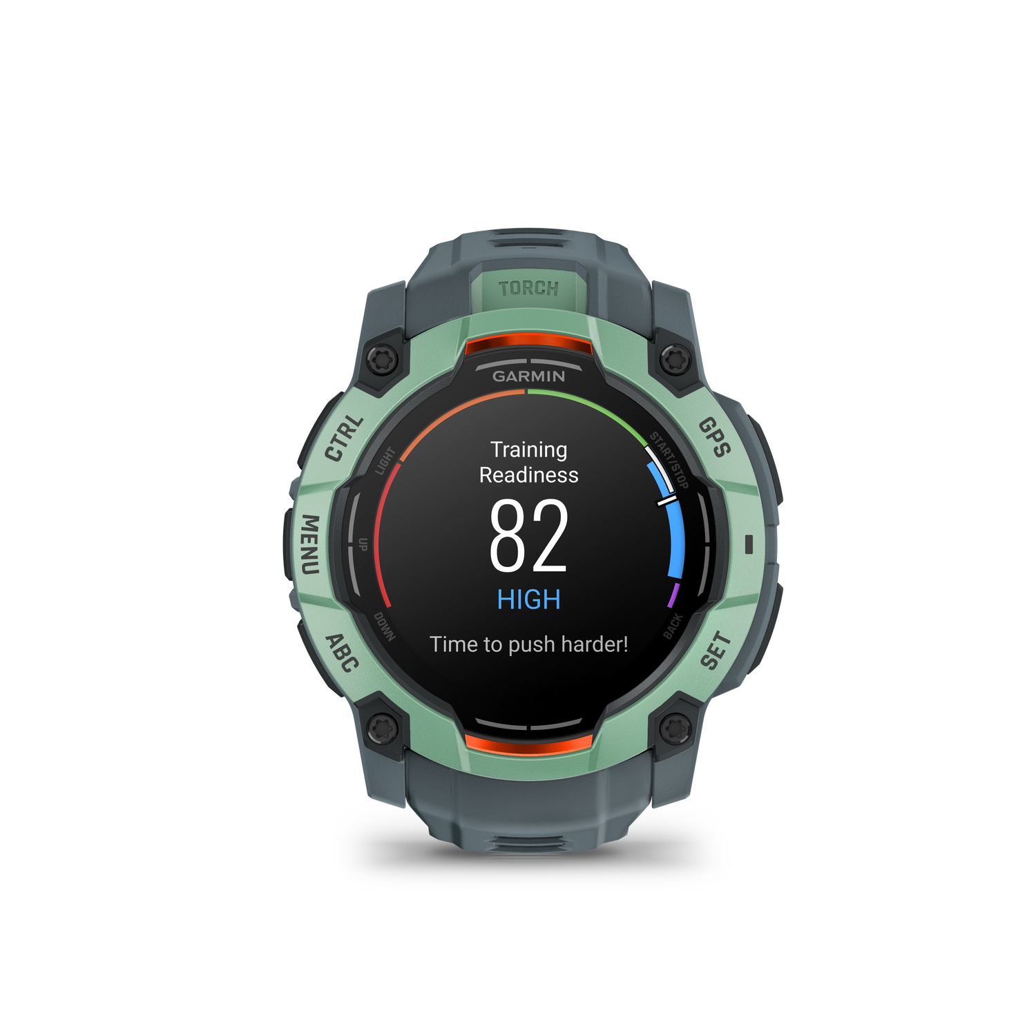 Reloj inteligente con pantalla que muestra 'Training Readiness 82 High'. Acentos verdes y naranjas. Fondo negro.