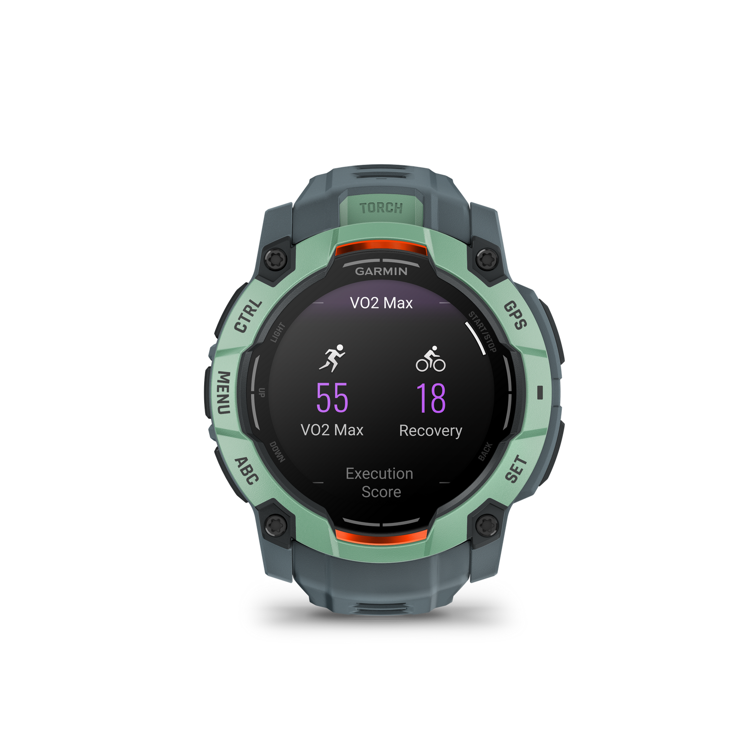 Reloj deportivo Garmin, verde y gris, que muestra VO2 Max y recuperación.