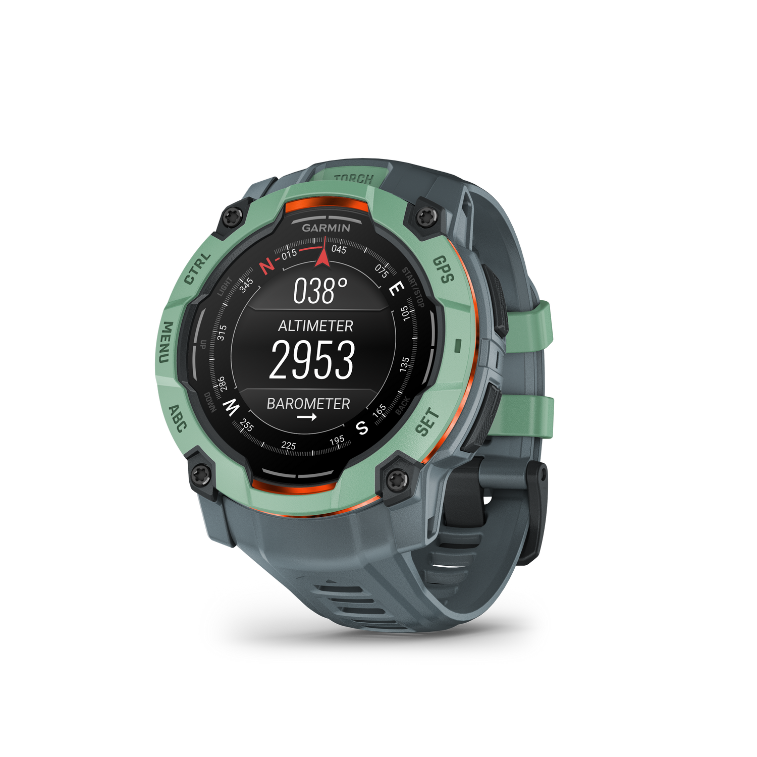 Smartwatch con detalles verdes, mostrando Altimeter: 2953.