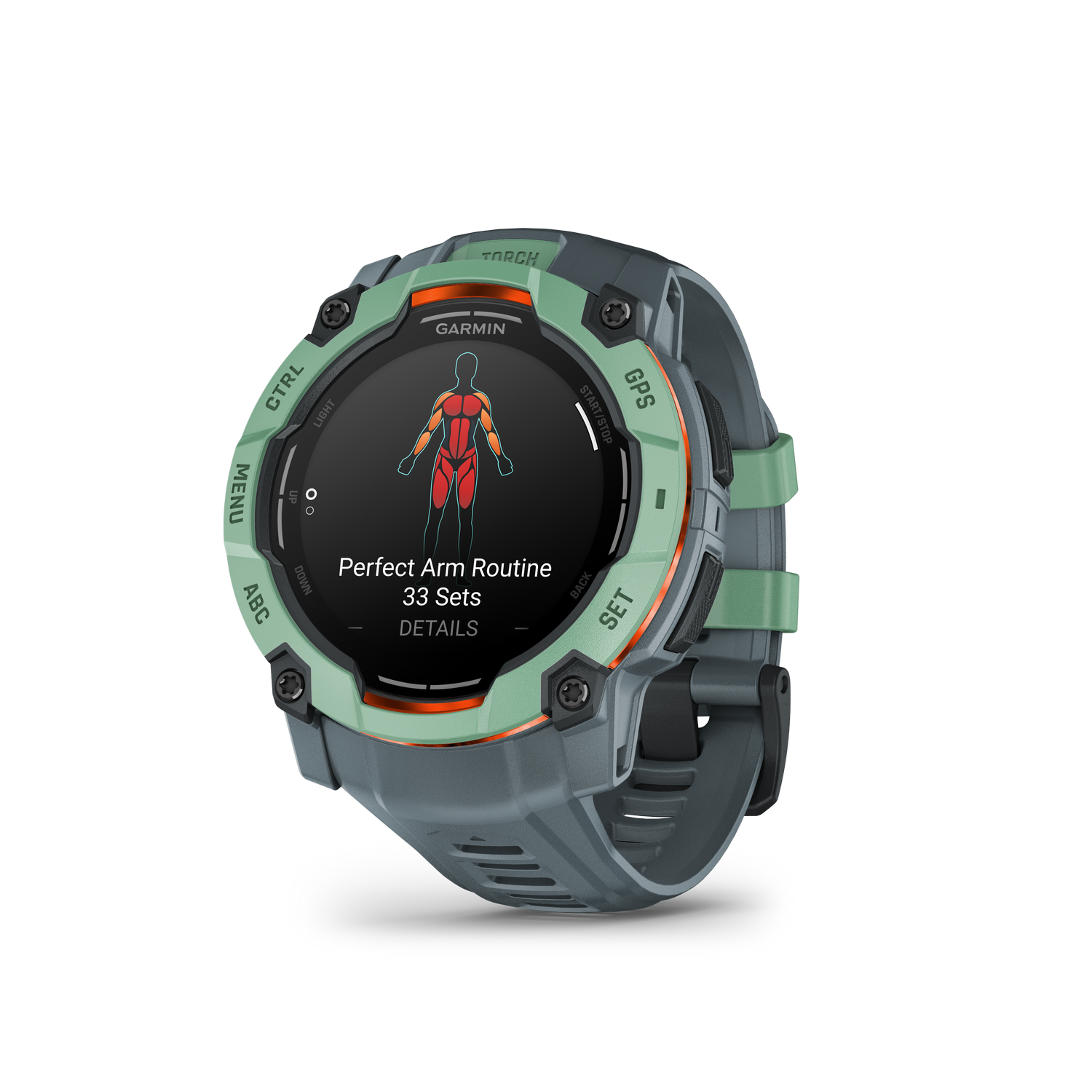 Smartwatch con correa verde y fondo negro.
